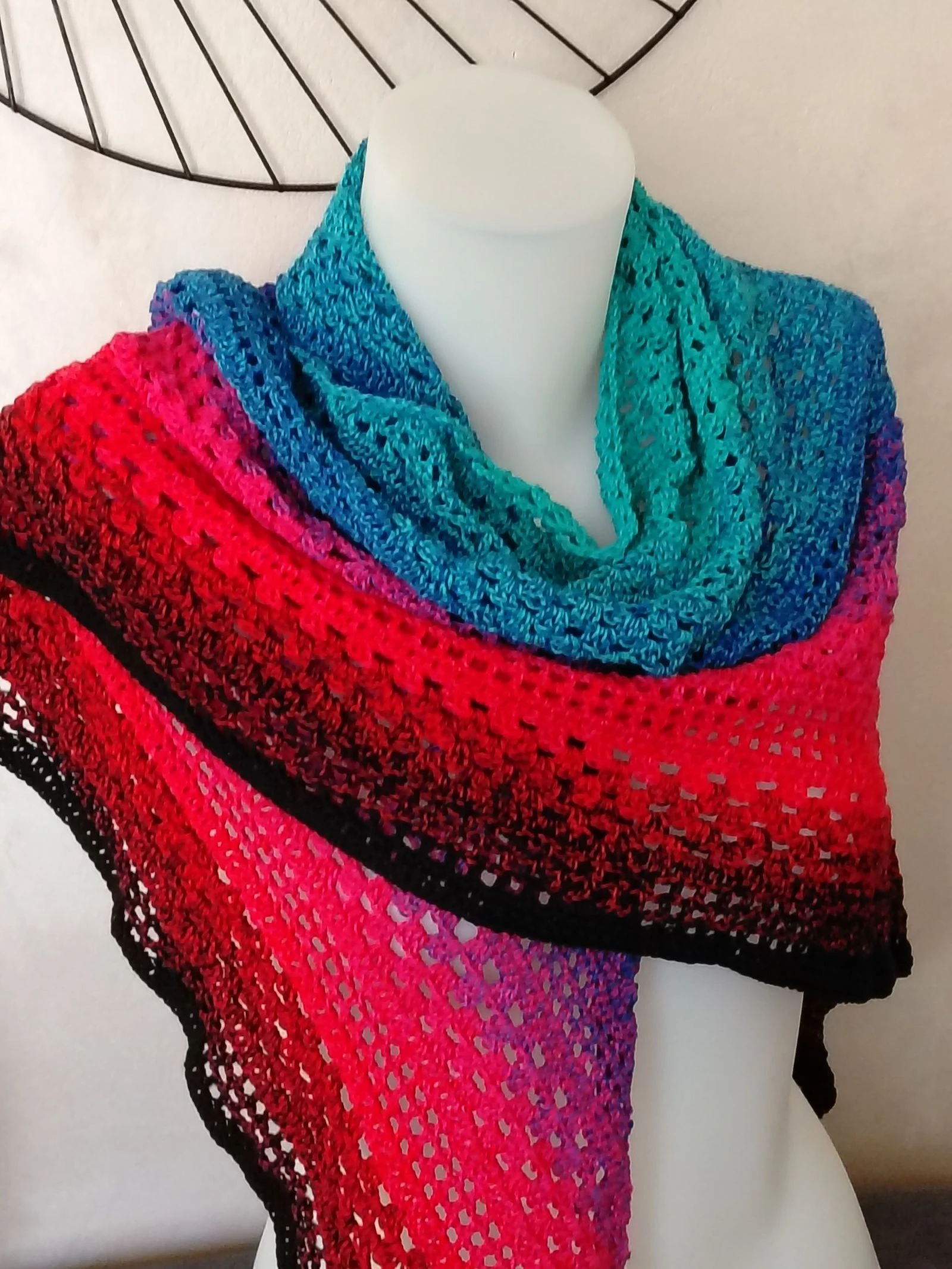 Large Handmade Crochet Shawl - Beautiful Turquoise, Purple, Red & Black Gradient – photo 2